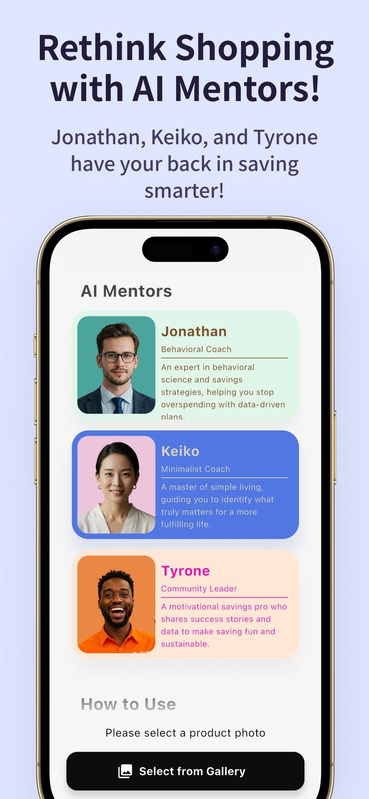 Shopping Detox screen listing the AI mentors Jonathan, Keiko and Tyrone