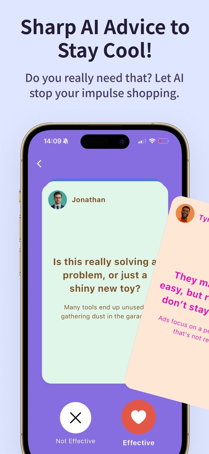 Advice card from the AI mentor Jonathan with Effective and Not Effective buttons